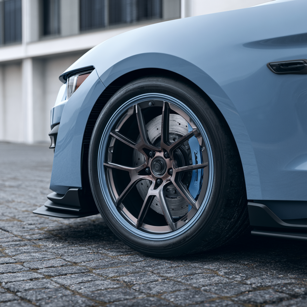 Close-up of a light blue Mustang wheel and brake detail
