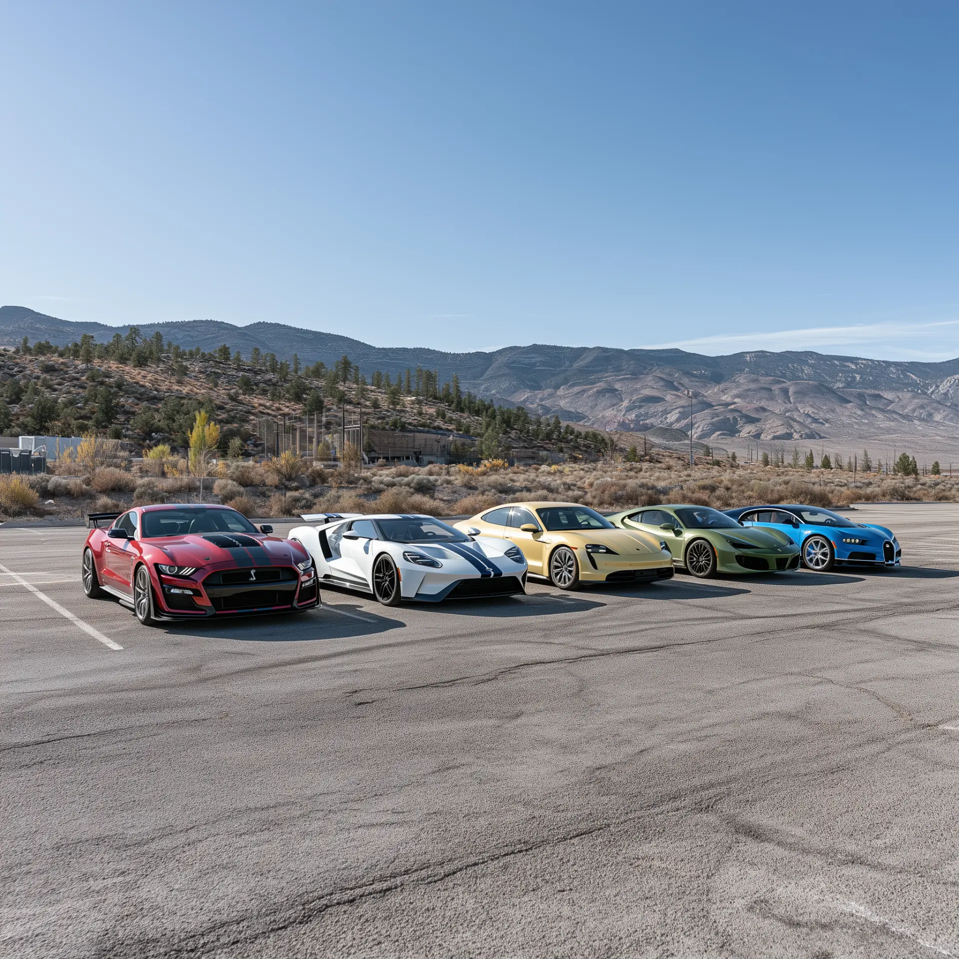 Lineup of members' cars in a desert paddock with mountains behind