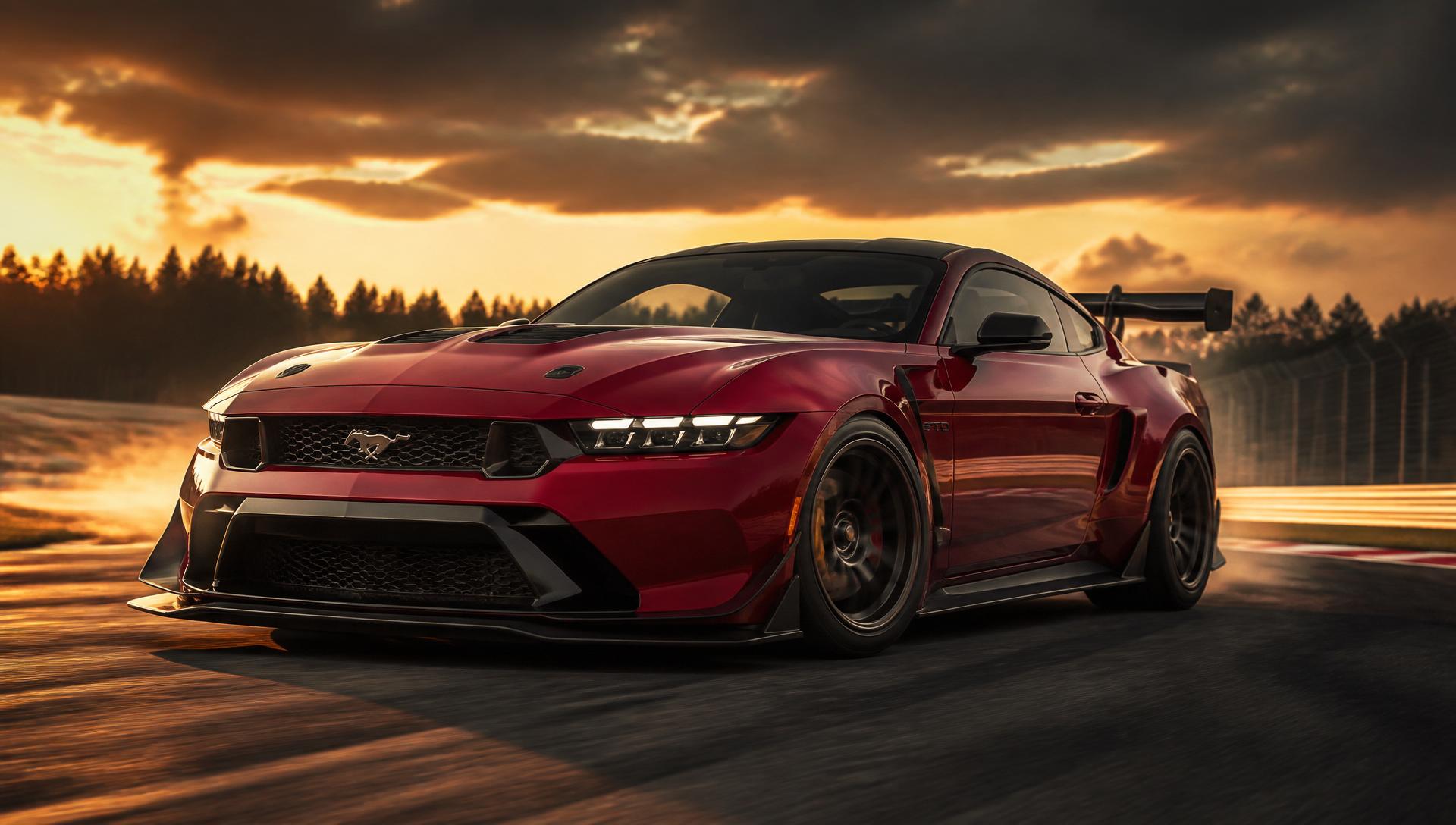 Red 2026 Ford Mustang GTD on a private track at sunset